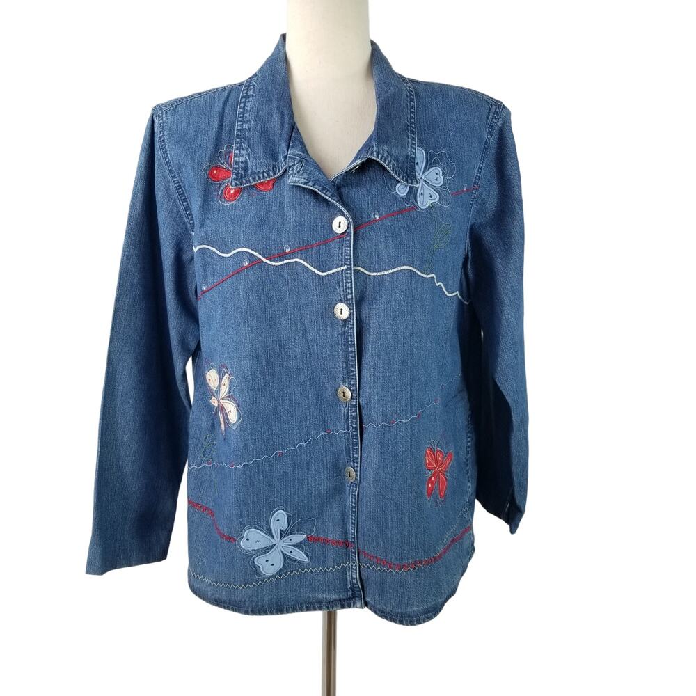 Bobbie Brooks Blue Denim Floral Embroidered Vintage Shirt Shacket Large 12 / 14